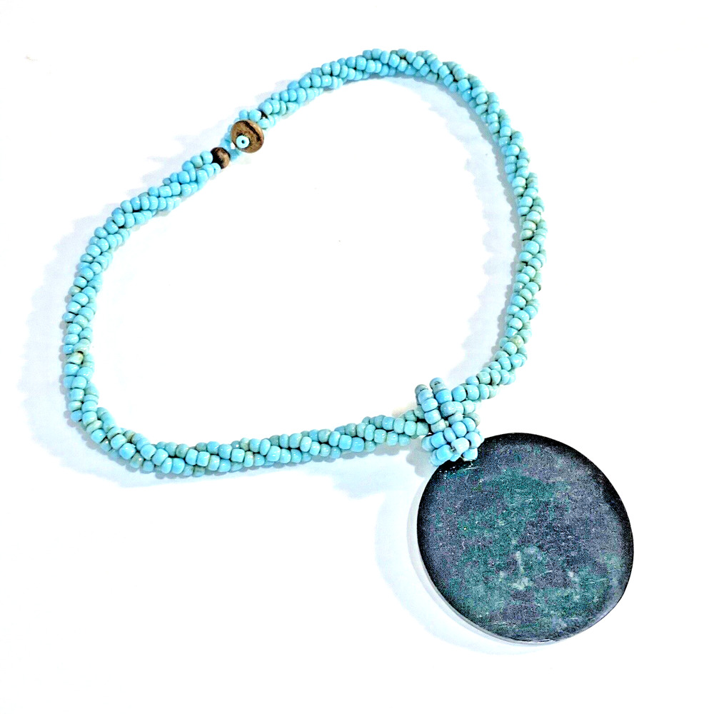 Unique Blue Beaded Necklace Carved MOP Shell Pendant tribal beachy Boho collar - Picture 4 of 7